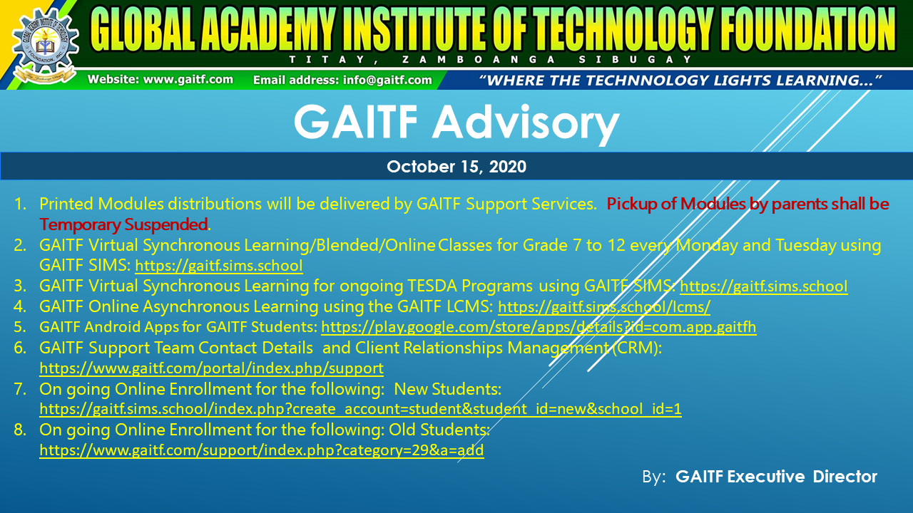 GAITF Advisory dated October 15, 2020